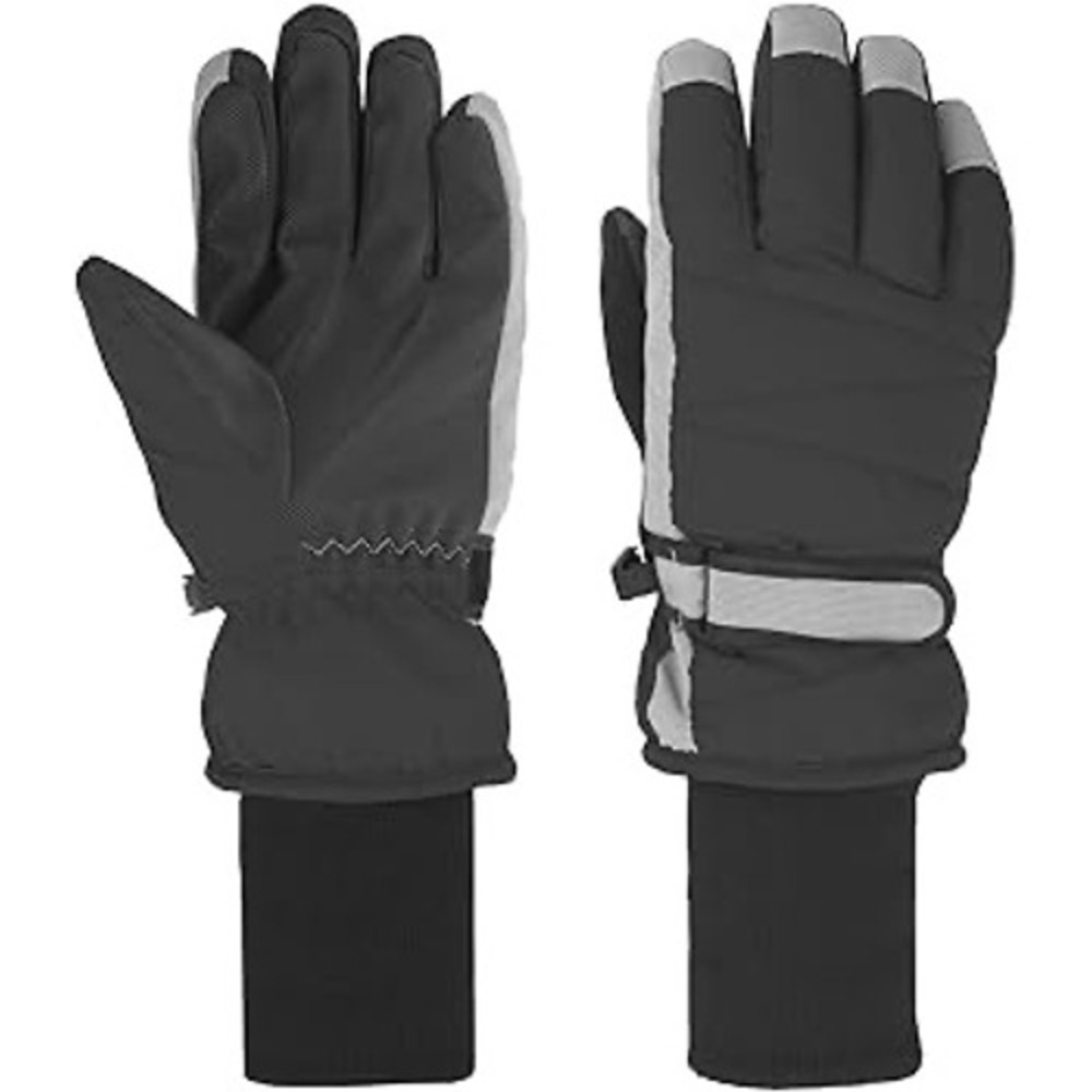 Kids Black Grey Insulated Winter Snow Gloves Water Resistant Knit Cuff 10-12